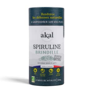 Boîte de spiruline bio en brindilles Akal 100g, certifiée Ecocert, produite en Normandie