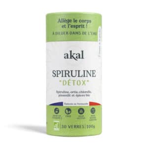 Boîte Spiruline Detox bio Akal 100g, poudre détoxifiante à la chlorelle, ortie et pissenlit, fabriquée en Normandie