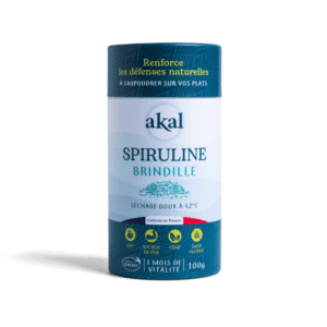 Spiruline bio française en brindilles Ecocert Akal — séchée en dessous de 42°C, boîte 100g, fermes françaises partenaires