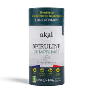Spiruline bio française en comprimés Akal 100g — pressés à froid sans agglomérant, séchée en dessous de 42°C, certifiée Ecocert
